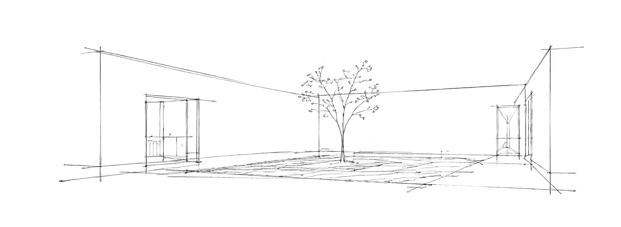 Croquis de un patio con un árbol central