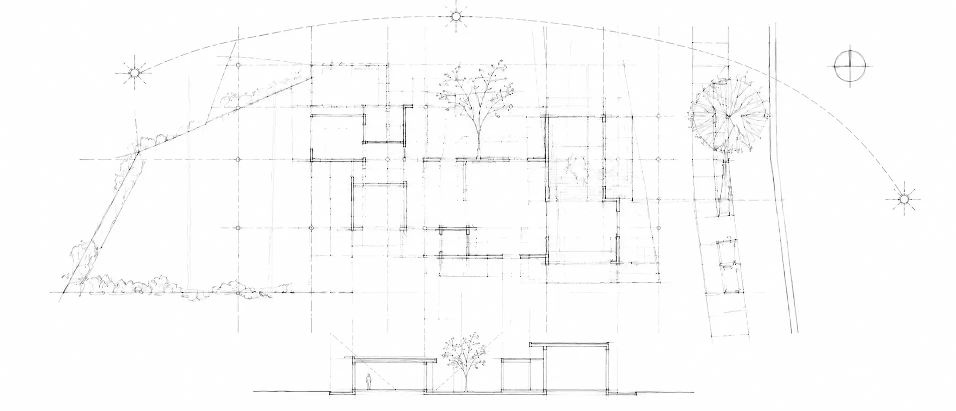 Croquis conceptual de una planta y un corte en proceso, atravesados por el terreno, el asoleamiento, la vegetación y una grilla de proyecto